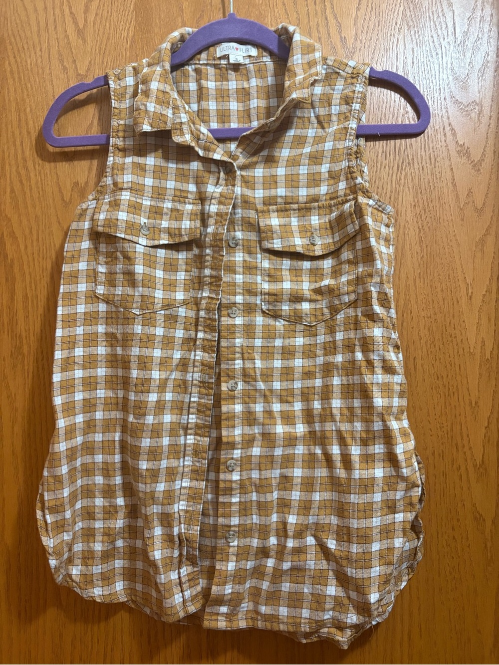 Ultra Flirt Mustard and White Plaid Sleeveless Button-Down Shirt
